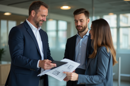 Agent immobilier en réunion avec un couple dans un bureau moderne