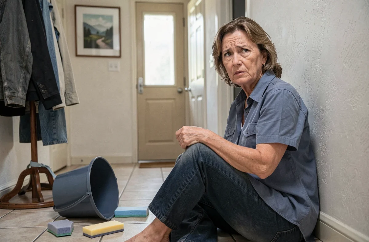 Aide à domicile blessée après une chute dans un couloir résidentiel, symbolisant la nécessité d'une couverture assurance habitation pour les accidents de travail