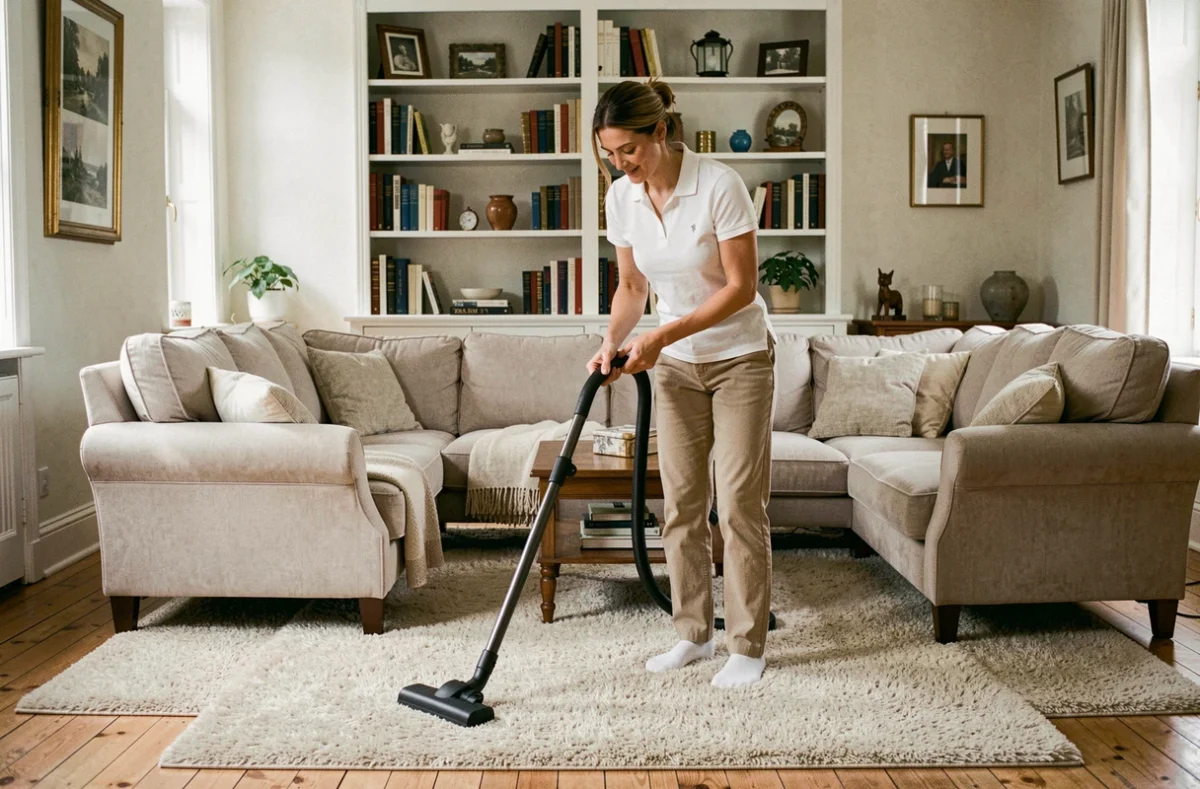 Une aide ménagère passe l'aspirateur dans un salon bien rangé d'un appartement à Longwy