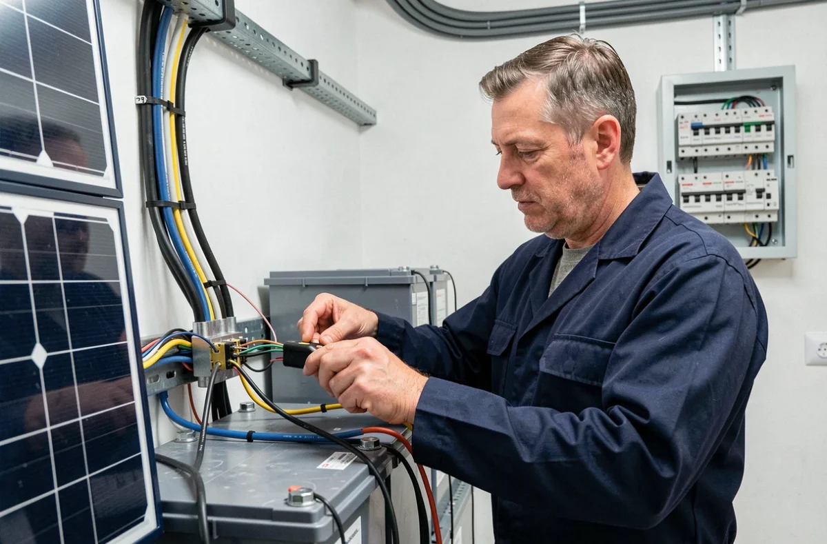 Technicien AlterBatt raccordant des panneaux solaires à un système de stockage par batterie dans une maison française
