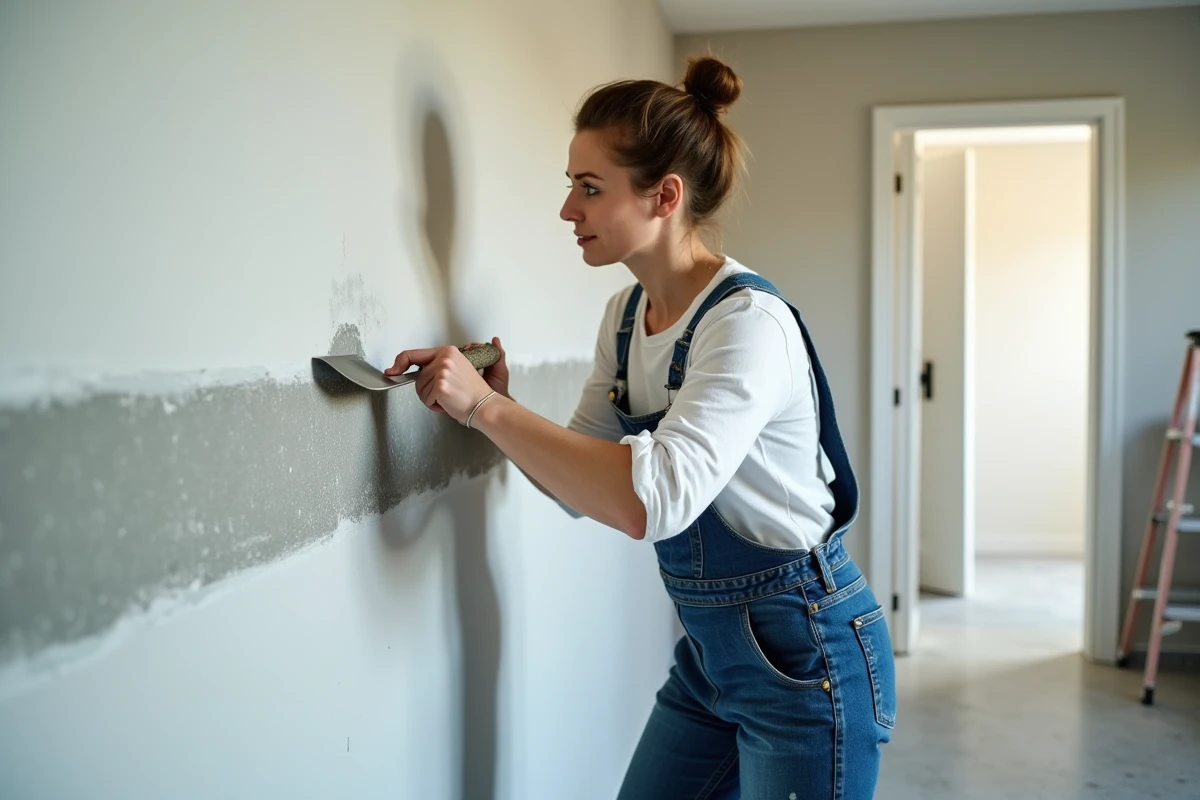 Femme artisan appliquant de l'enduit sur une bande armée placo avec une spatule large