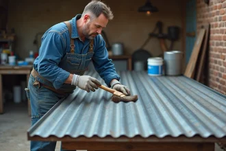 Artisan appliquant une couche de primaire antirouille sur une tôle d'acier ondulée en extérieur