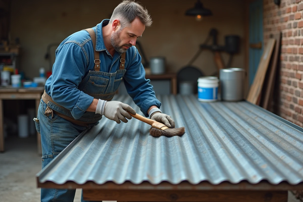 Artisan appliquant une couche de primaire antirouille sur une tôle d'acier ondulée en extérieur
