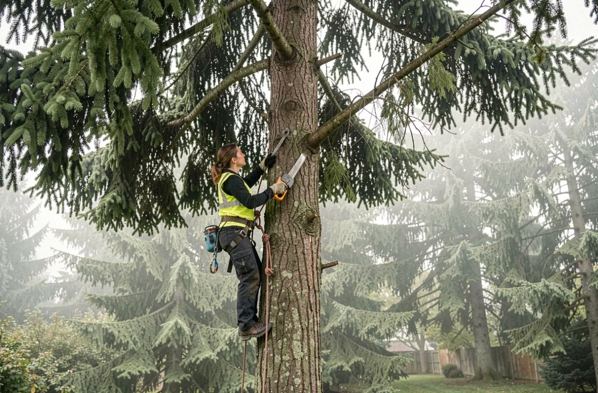 Arboriste professionnelle harnachée dans un sapin en train d'élaguer une branche morte en toute sécurité