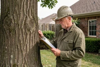 Arboriste inspectant un chêne dans un jardin résidentiel avec des documents réglementaires sur l'abattage d'arbres