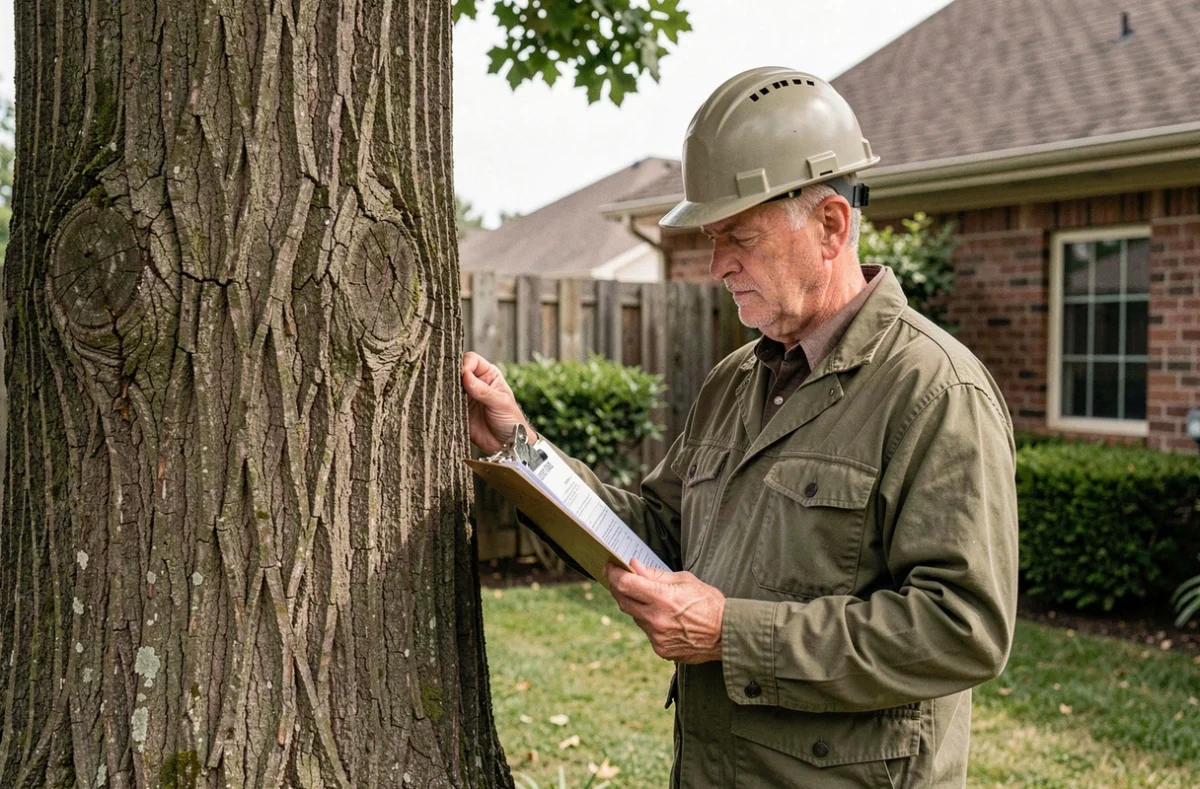 Arboriste inspectant un chêne dans un jardin résidentiel avec des documents réglementaires sur l'abattage d'arbres