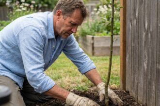 Homme examinant un jeune arbre planté près d'une clôture en bois dans un jardin suburban