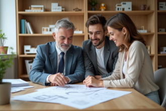 Architecte avec un couple examinant des plans dans un bureau lumineux