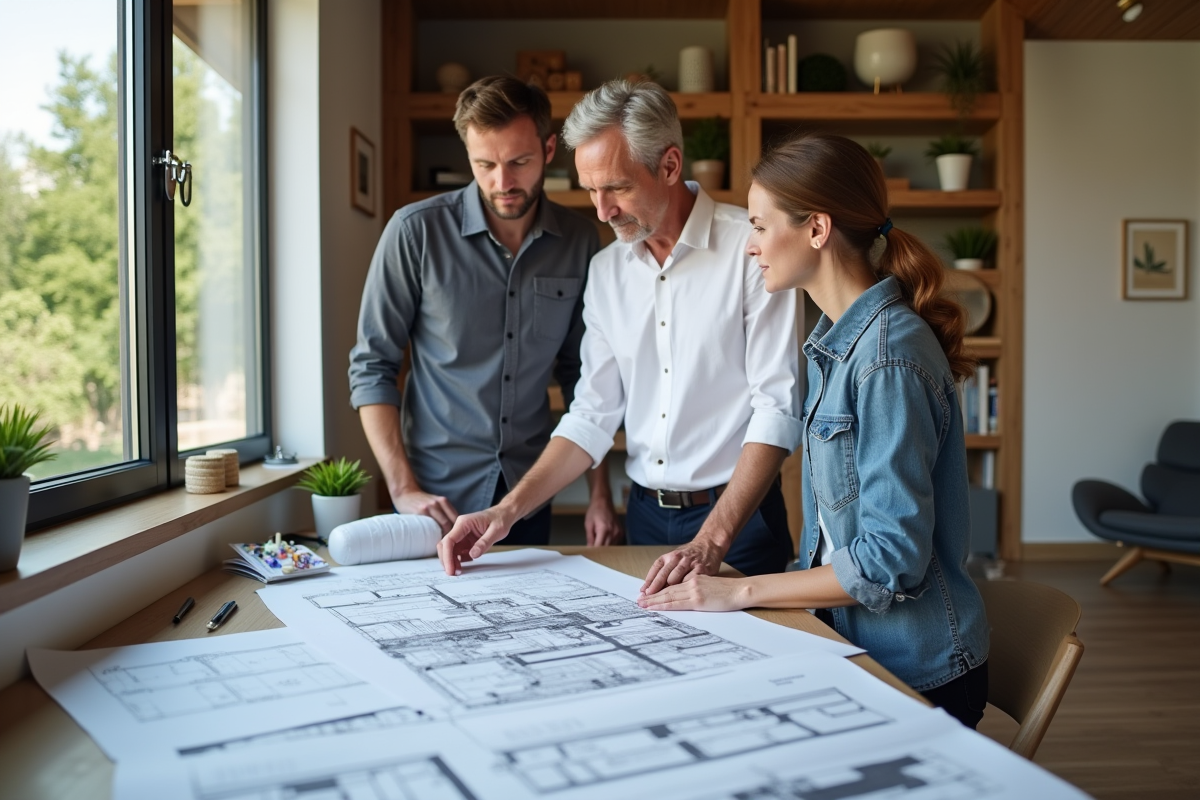 Architecte en blanc examine plans de maison avec couple