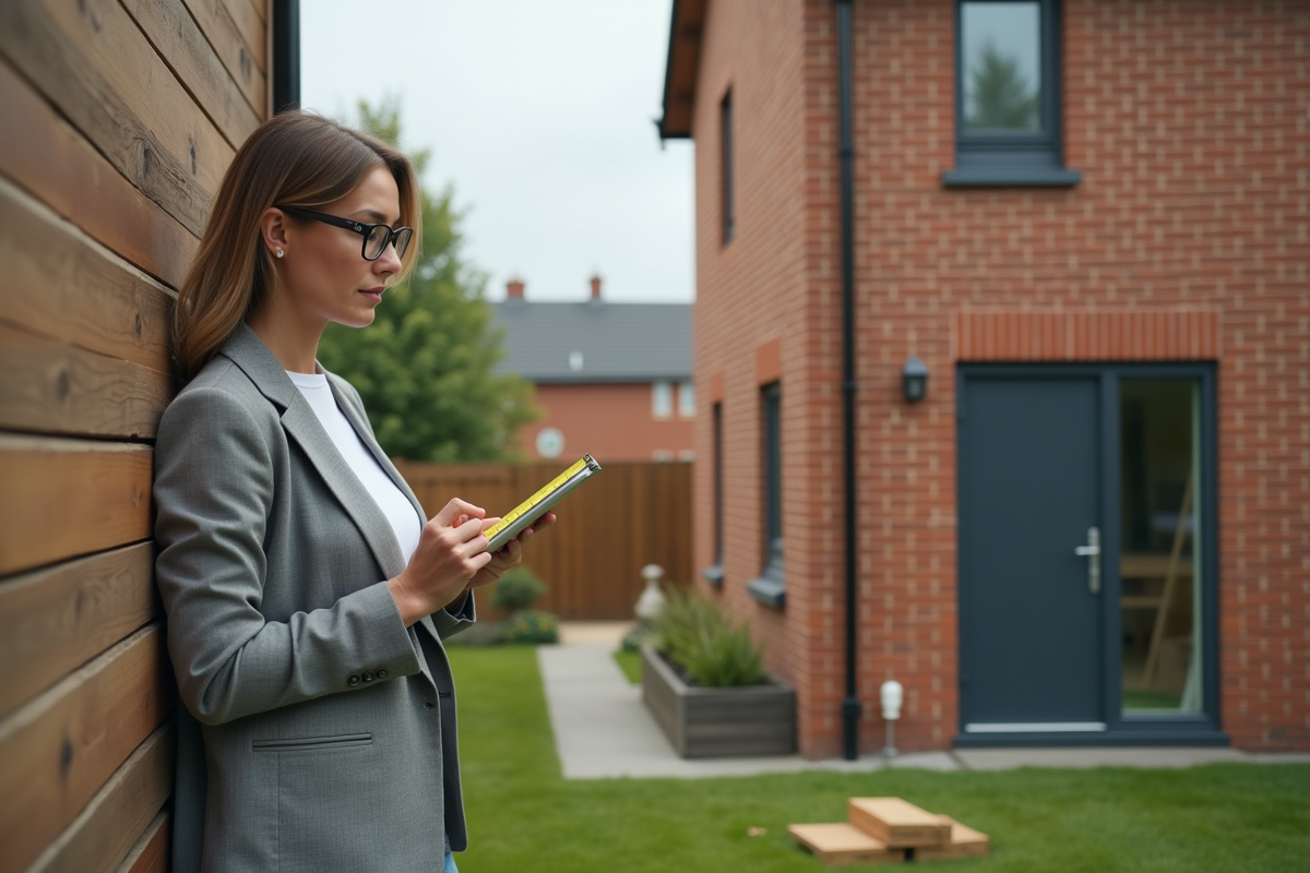 Architecte femme mesure mur extérieur d une maison moderne