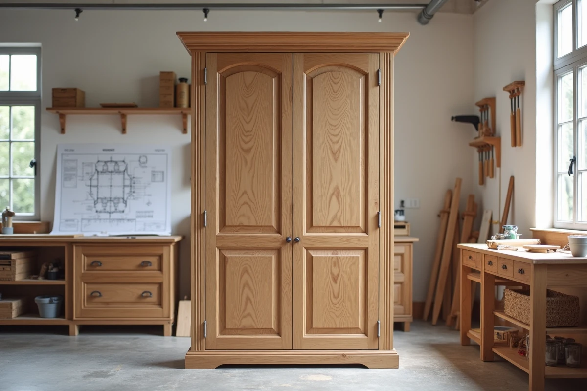 Armoire en chêne massif en cours de fabrication dans un atelier menuiserie avec plan technique visible