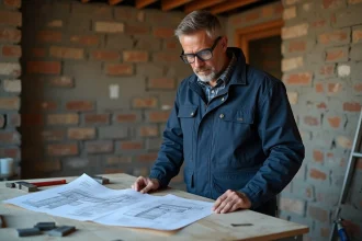 Artisan homme consultant des plans de travaux sur un chantier de rénovation résidentielle
