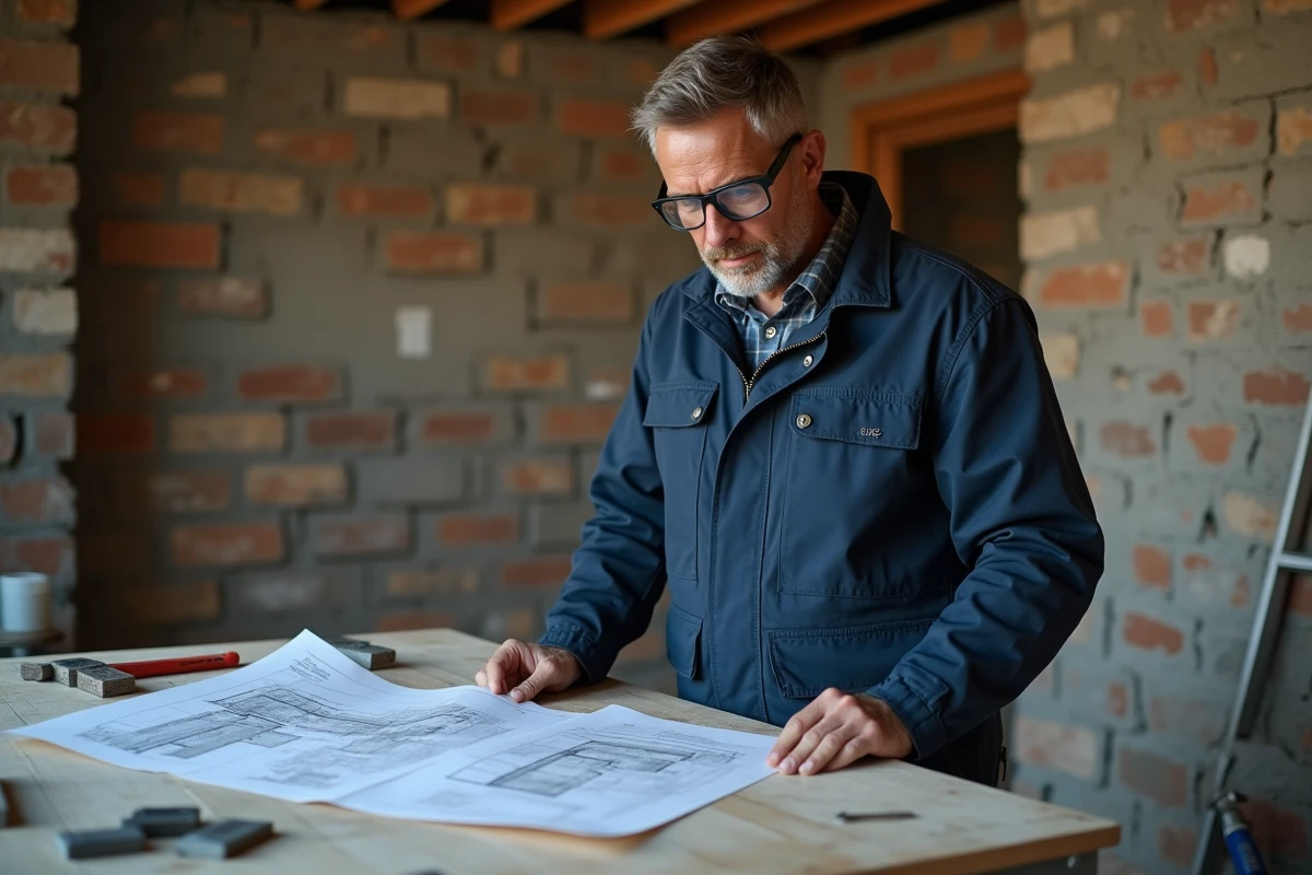 Artisan homme consultant des plans de travaux sur un chantier de rénovation résidentielle