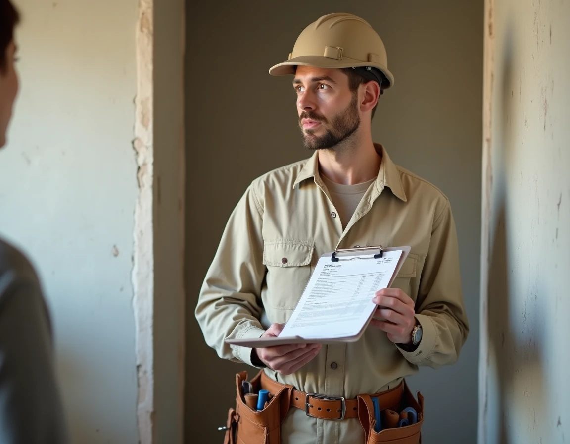 Artisan professionnel présentant un devis détaillé à un propriétaire lors de travaux de salle de bain