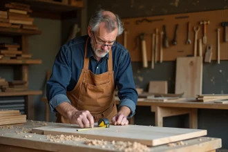 Artisan ébéniste mesurant un panneau de bois dans un atelier traditionnel pour la fabrication d'un meuble sur mesure