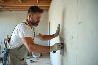 Artisan appliquant un enduit de finition sur un mur intérieur avec une spatule en inox lors d'une rénovation