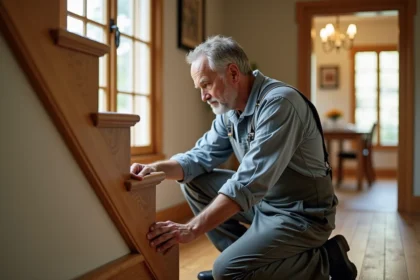 Homme en overalls examine une rampe en bois brut