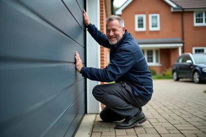 Artisan installant une porte de garage moderne en extérieur