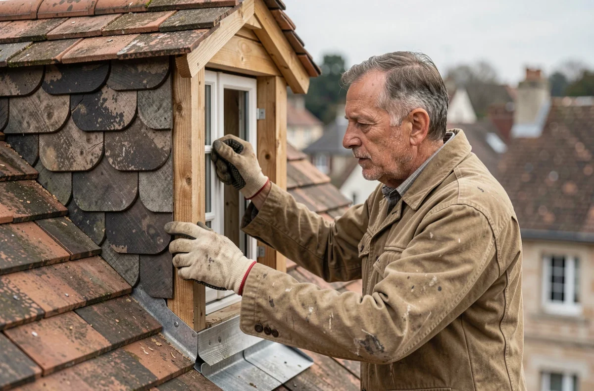 Artisan charpentier rénovant une lucarne chien-assis sur un toit en tuiles d'une maison traditionnelle française
