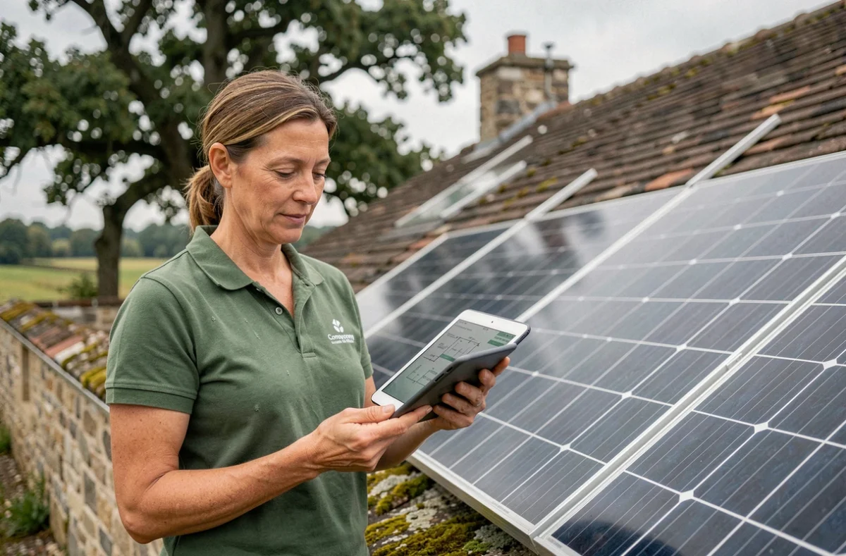 Consultante d'Artisolaire présentant une installation de panneaux solaires sur une ferme en Loire Valley