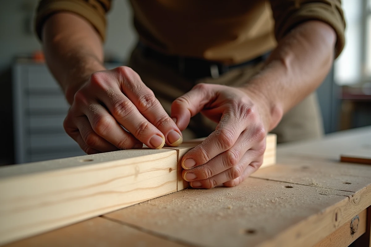 Gros plan sur l'assemblage à sec d'un tenon dans une mortaise creusée à la main dans du frêne, mains d'artisan menuisier