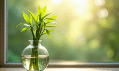 Bambou vert en vase lumineux sur une fenêtre ensoleillée