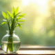 Bambou vert en vase lumineux sur une fenêtre ensoleillée