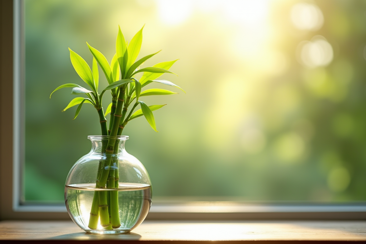 Bambou vert en vase lumineux sur une fenêtre ensoleillée