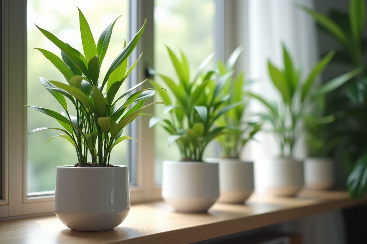 Plusieurs bambous en pots dans un salon moderne lumineux