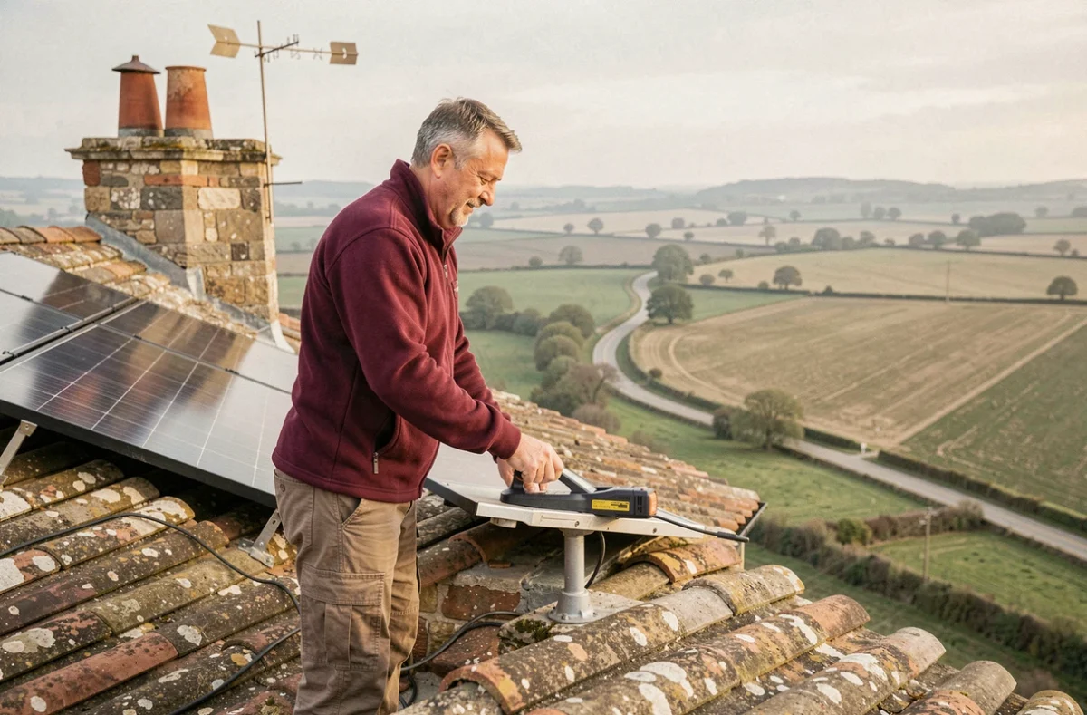 Conseiller en énergie de Berry Province Énergie effectuant un audit solaire sur une ferme traditionnelle en Berry