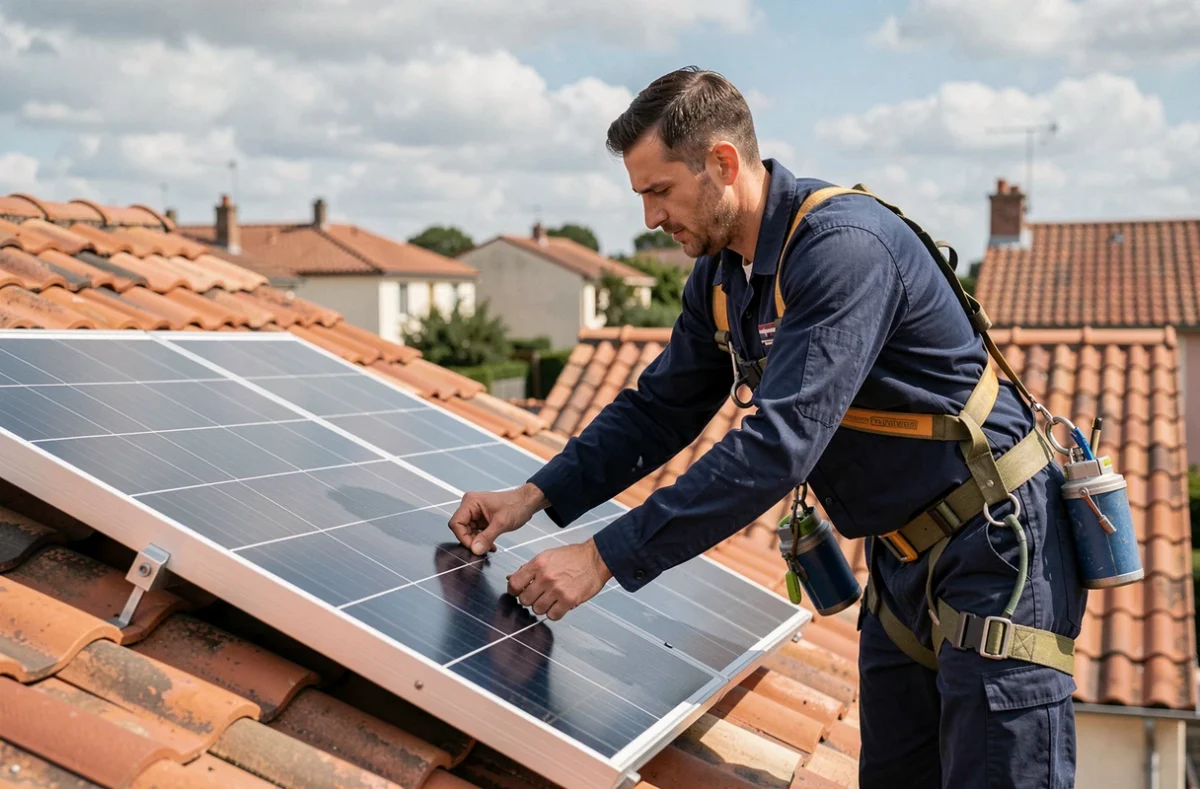 Technicien de Berry Solar installant des panneaux photovoltaïques sur un toit résidentiel dans le Berry