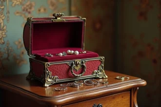 Boîte à bijoux vintage en velours bordeaux avec fermoir en laiton doré posée sur une commode en bois ancien