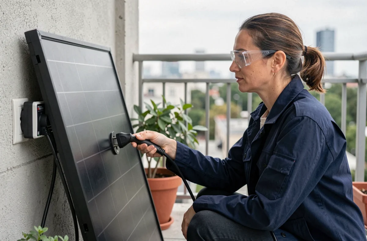 Une femme branche un micro-onduleur plug and play sur une prise murale extérieure d'un balcon urbain