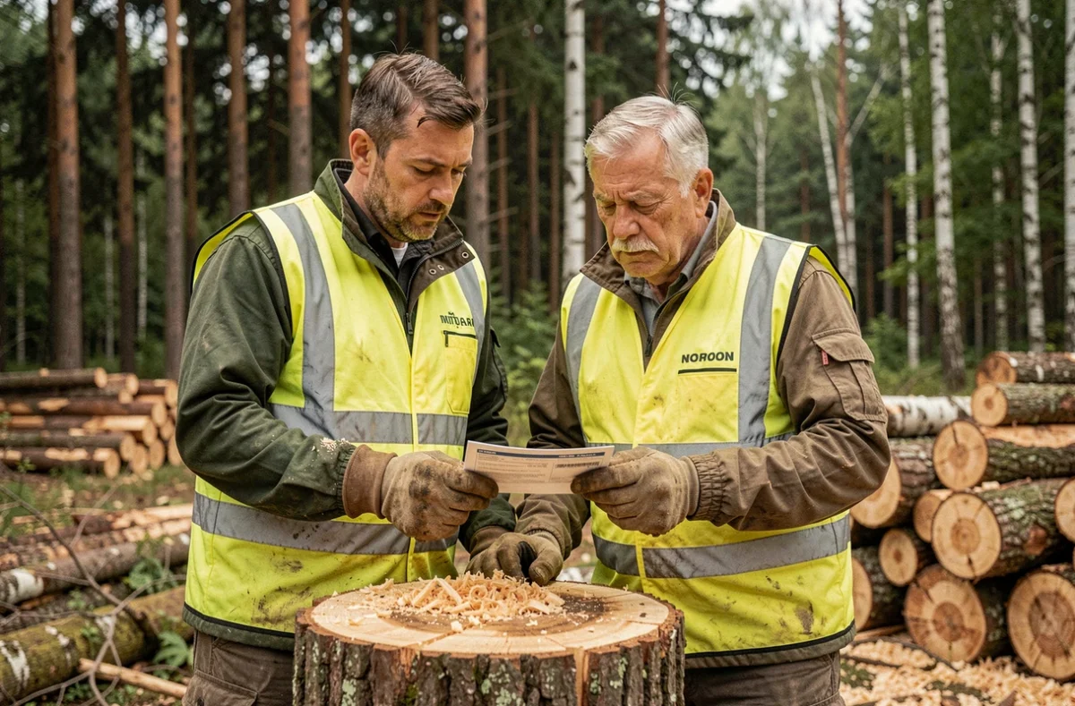 Deux bûcherons consultant un permis d'abattage officiel près d'une souche d'arbre en forêt
