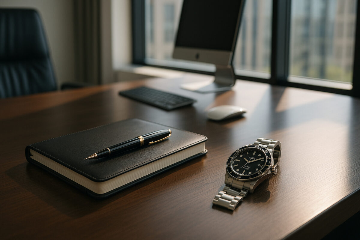 Photo d'un bureau moderne avec objets élégants et lumière naturelle