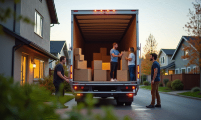 Camion de déménagement avec personnes souriantes en suburbain