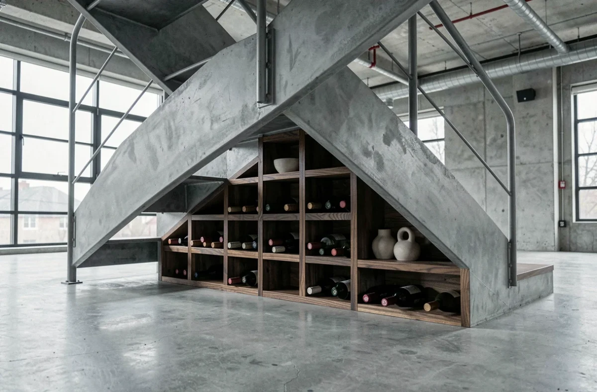 Cave à vin intégrée sous un escalier en béton dans un loft industriel avec compartiments en bois et objets décoratifs