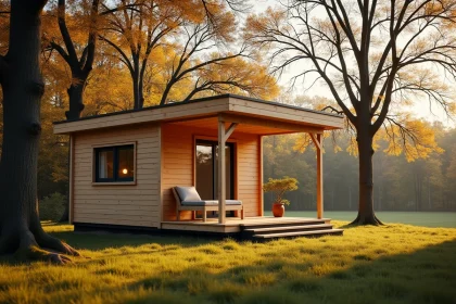 Chalet en bois habitable de 20m2 sur terrain privé entouré d'arbres en automne