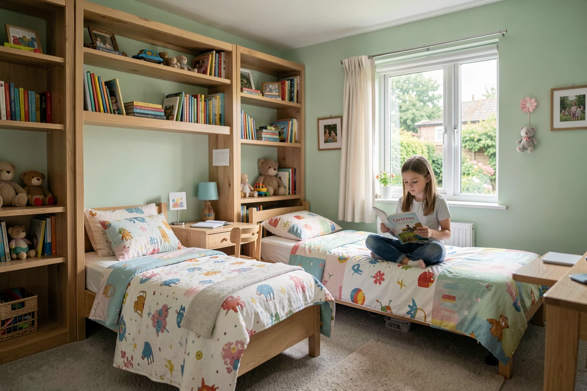 Chambre d'enfant lumineuse et bien organisée dans une maison en L 4 chambres