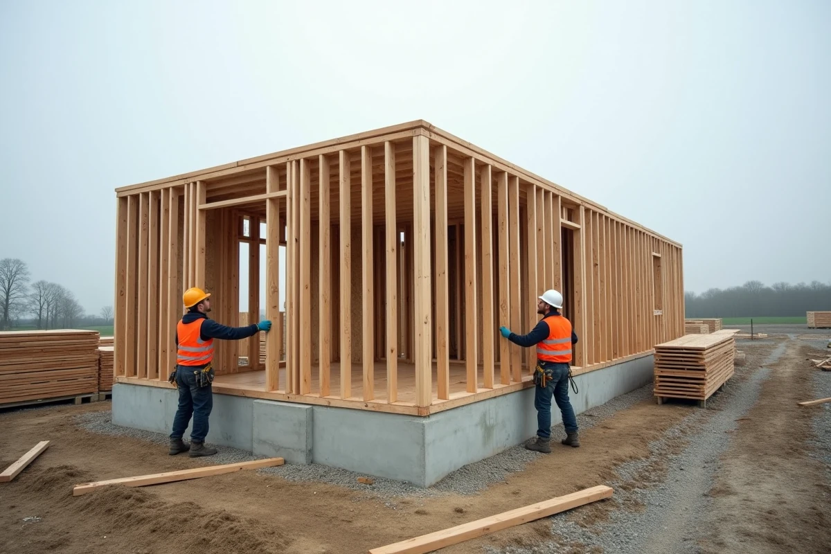 Chantier d'assemblage de modules préfabriqués pour une maison écologique avec isolation en chanvre