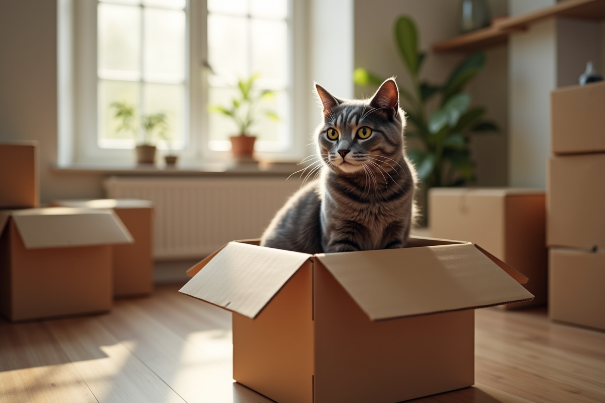Chat tigré gris dans une boîte en carton ouverte dans un salon cosy