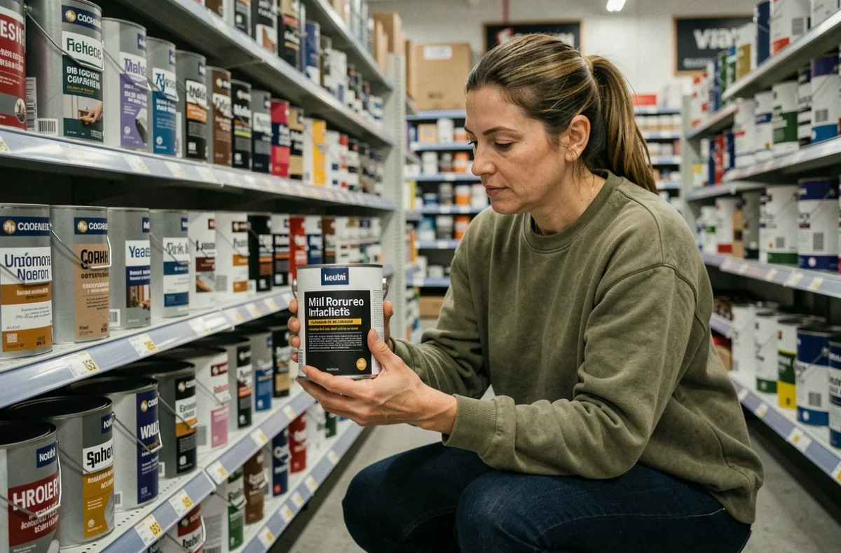 Femme comparant les prix de peintures intérieures dans un magasin de bricolage en lisant les étiquettes de différentes marques