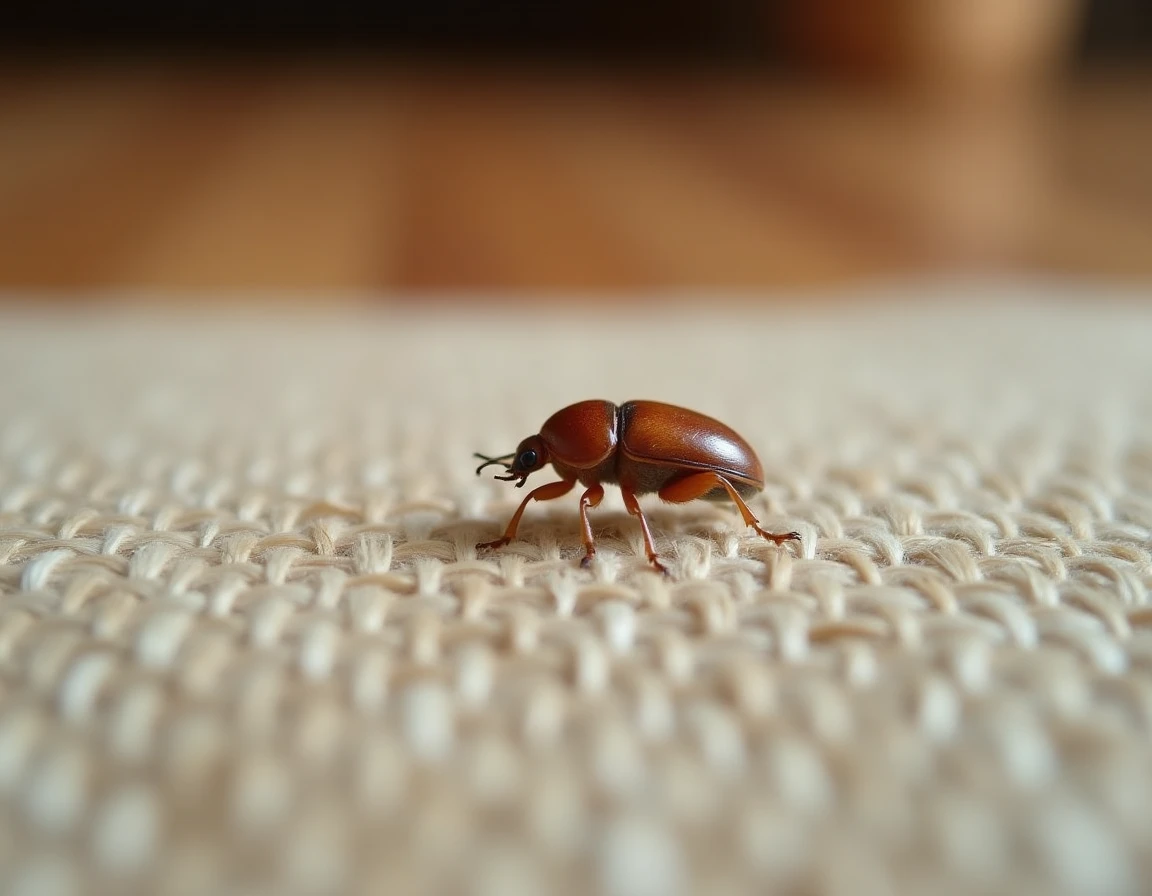Petit coléoptère brun des tapis se déplaçant sur un tissu en lin beige à l'intérieur d'une maison