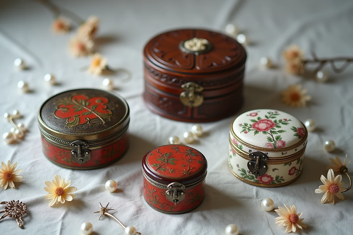 Vue du dessus de trois boîtes à bijoux vintage de styles différents posées sur un tissu en lin gris avec perles et broches antiques
