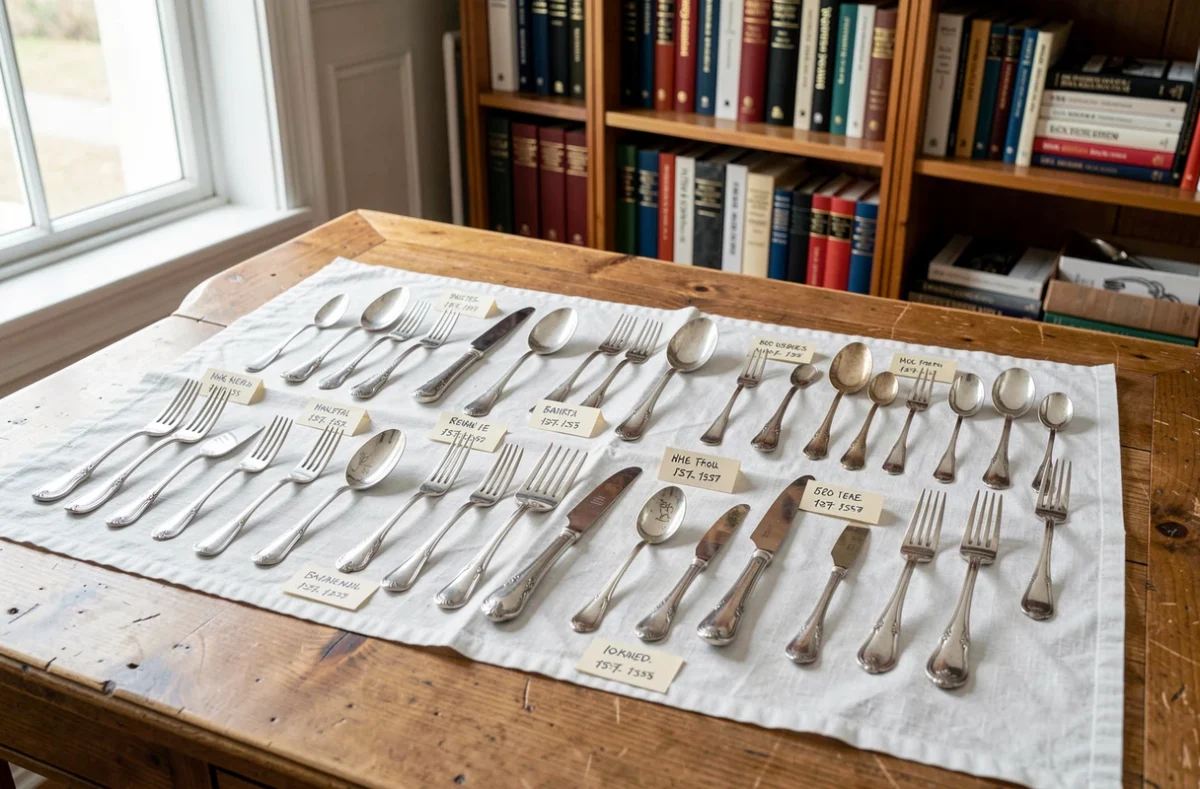 Collection de couverts en argent anciens étiquetés et classés sur lin blanc, poinçons et marques d'orfèvre identifiés par un collectionneur