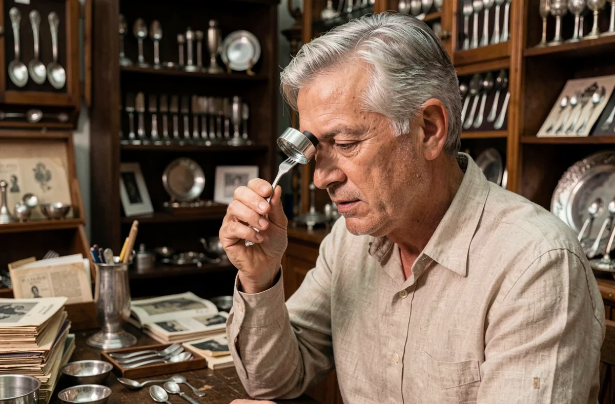 Collectionneur examinant un couvert en argent avec une loupe dans une boutique d'antiquités, identification de poinçons d'argenterie