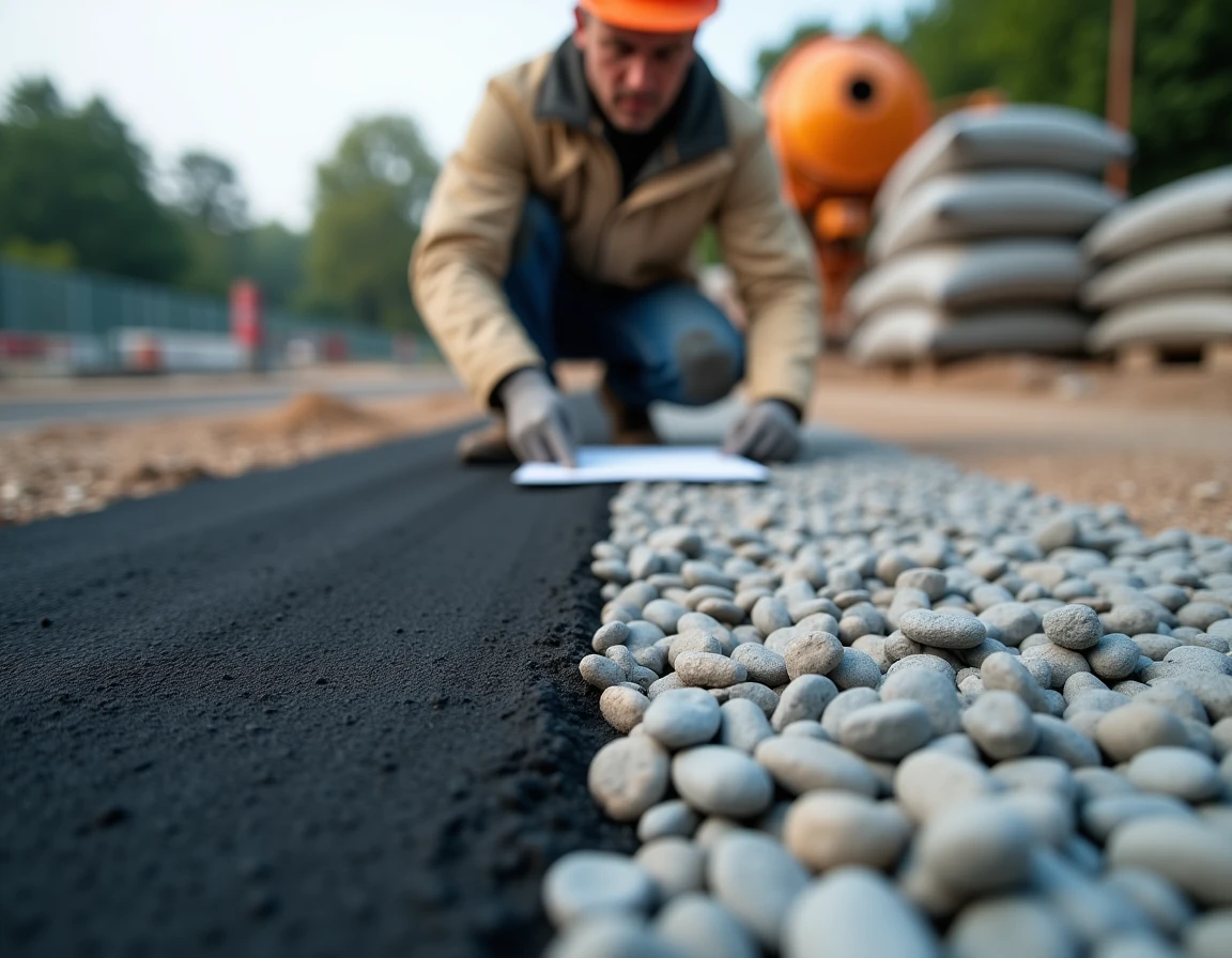 Comparaison côte à côte d'enrobé bitumineux et de béton désactivé sur un chantier
