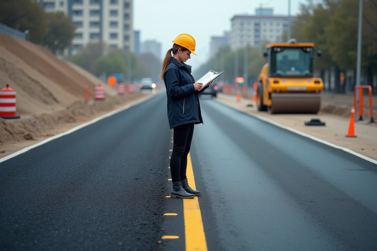 Ingénieure comparant un enrobé drainant et un enrobé classique sur un chantier routier urbain, avec mesures et cônes de signalisation