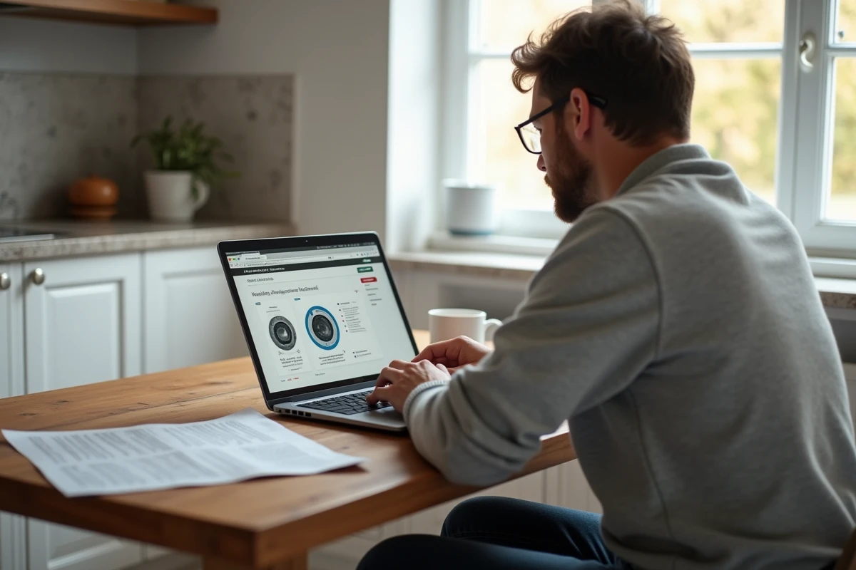 Personne comparant la notice officielle Whirlpool et un site tiers sur ordinateur portable