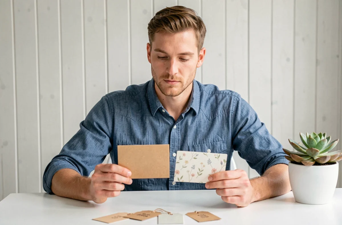 Homme en chemise comparant deux pochettes pour carte cadeau sur une table minimaliste dans un intérieur scandinave